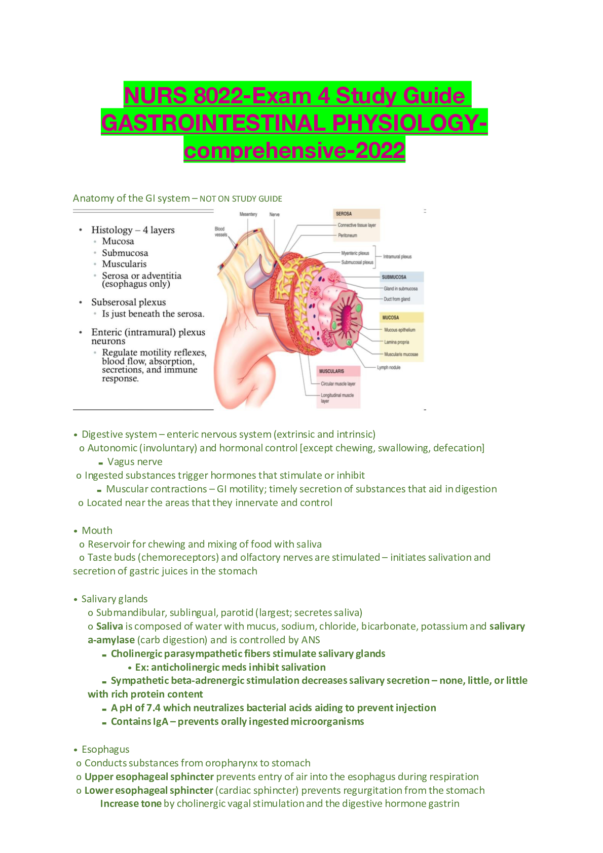 Preview of NURS 8022-Exam 4 Study Guide GASTROINTESTINAL PHYSIOLOGY-comprehensive-2022